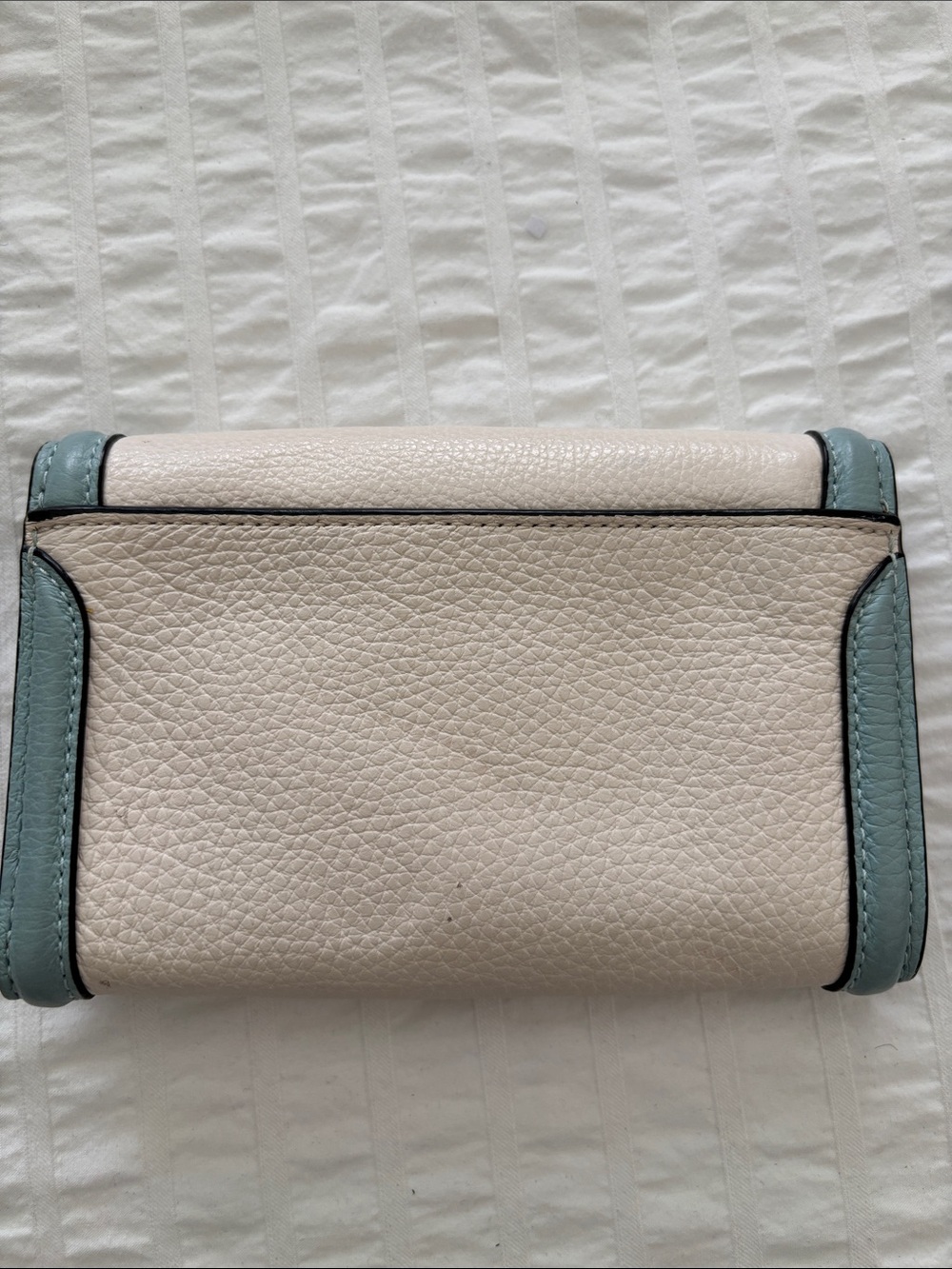 Coach Pebbled Leather Foldover Wallet in Chalk, Blue Trim & Black Accent - Picture 2 of 4